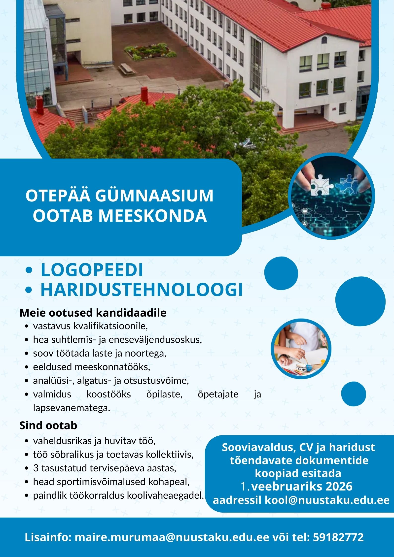 Otepää Gümnaasium otsib logopeedi ja haridustehnoloogi