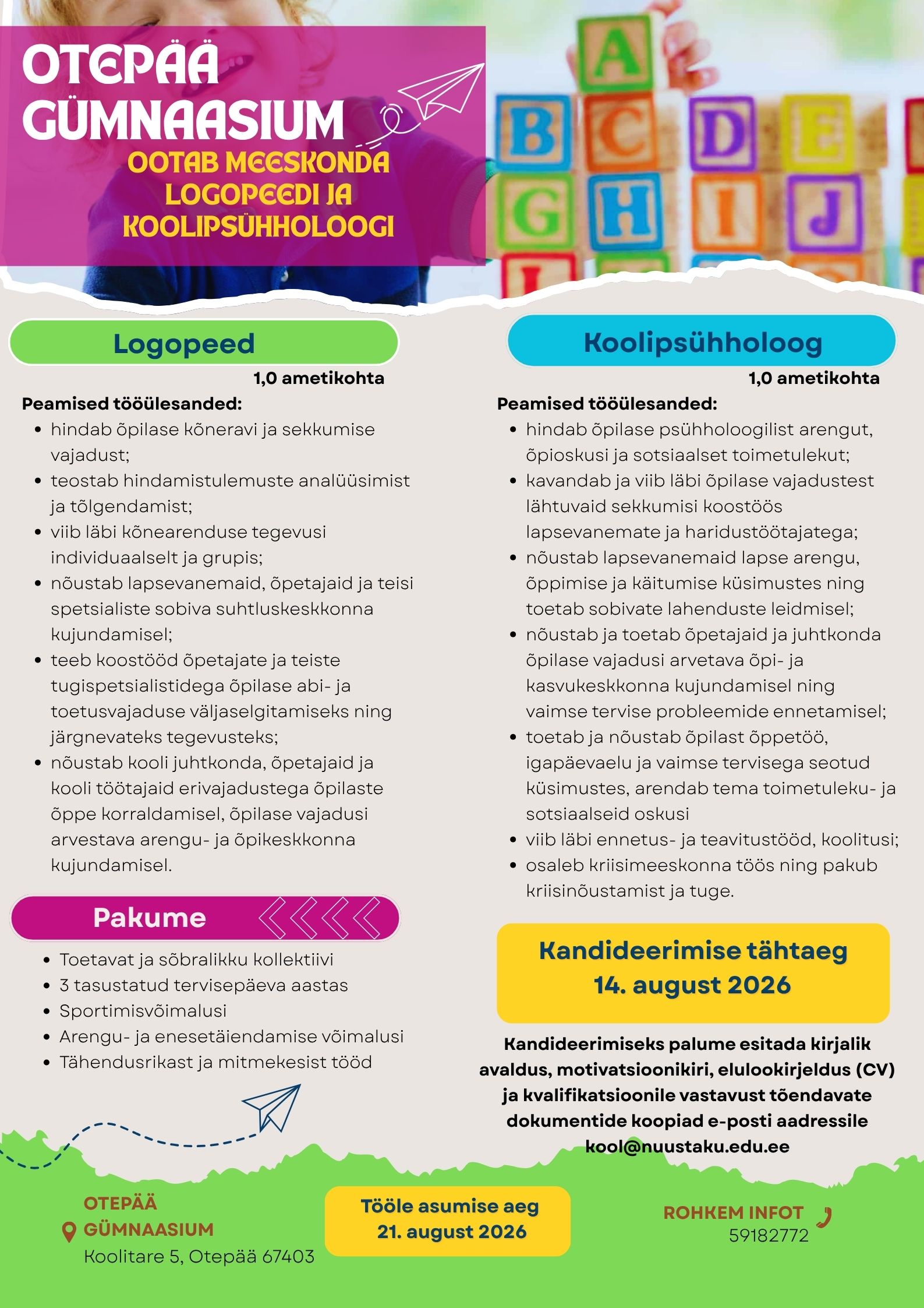Otepää Gümnaasium ootab meeskonda logopeedi ja koolipsühholoogi